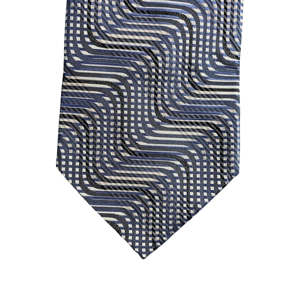 Van Heusen Mens Silk Tie Blue Black Geometric Wave Stain Resistant 323420